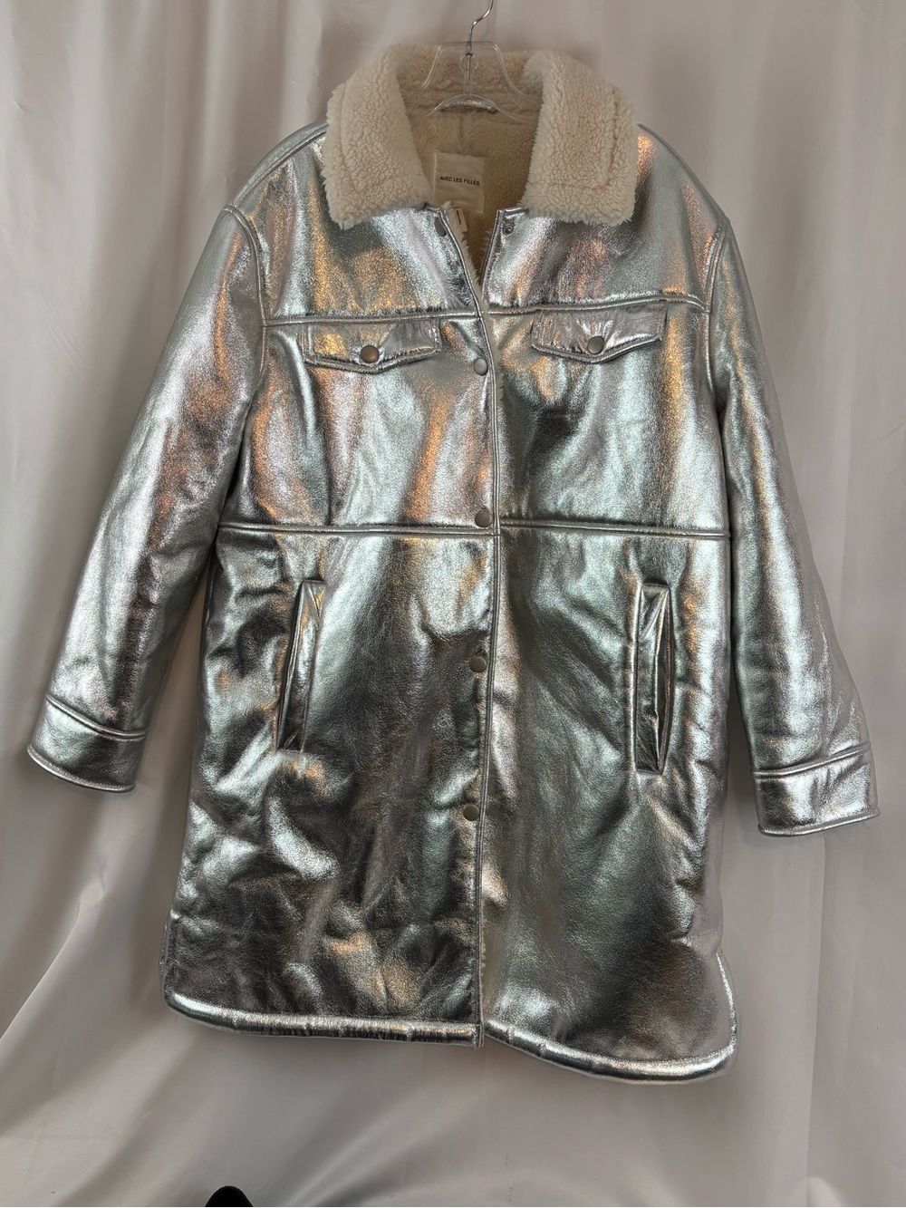 EUC Anthropologie Avec Les Filles szL Metallic Silver Sherpa lined long Coat… - Picture 2 of 9